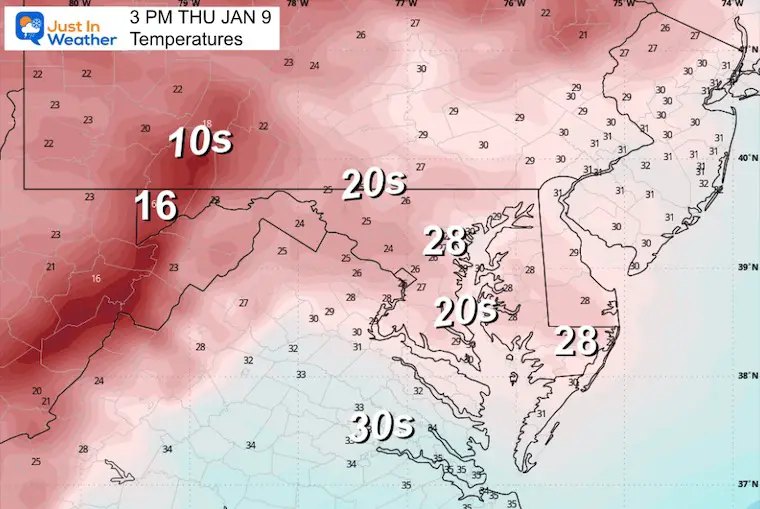 January 9 weather forecast temperatures Thursday afternoon