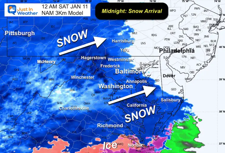 January 9 weather snow radar Midnight Saturday