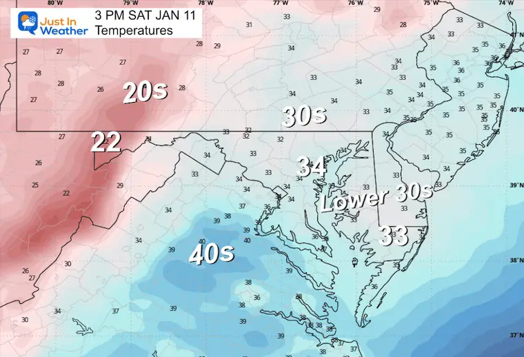 January 9 weather temperatures Saturday afternoon