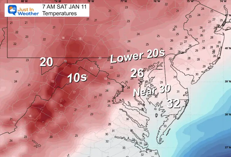 January 9 weather temperatures Saturday morning 