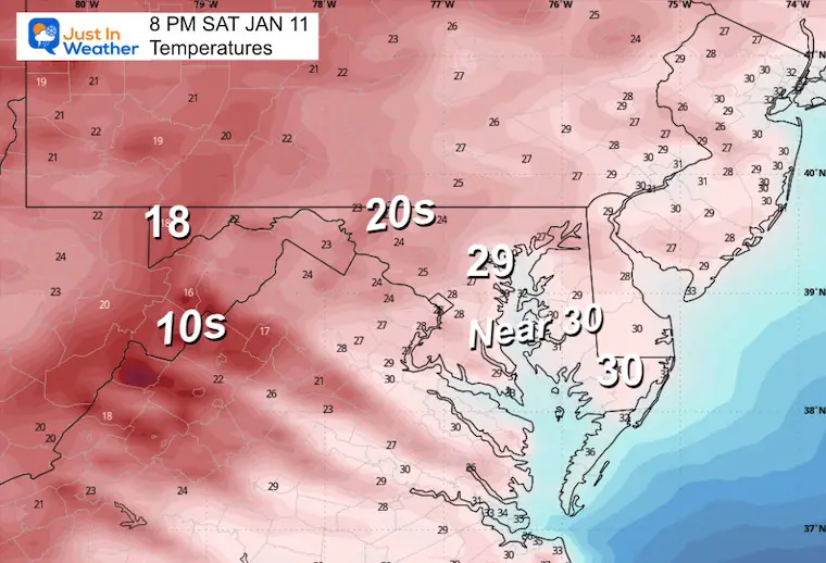 January 9 weather temperatures Saturday night Ravens game