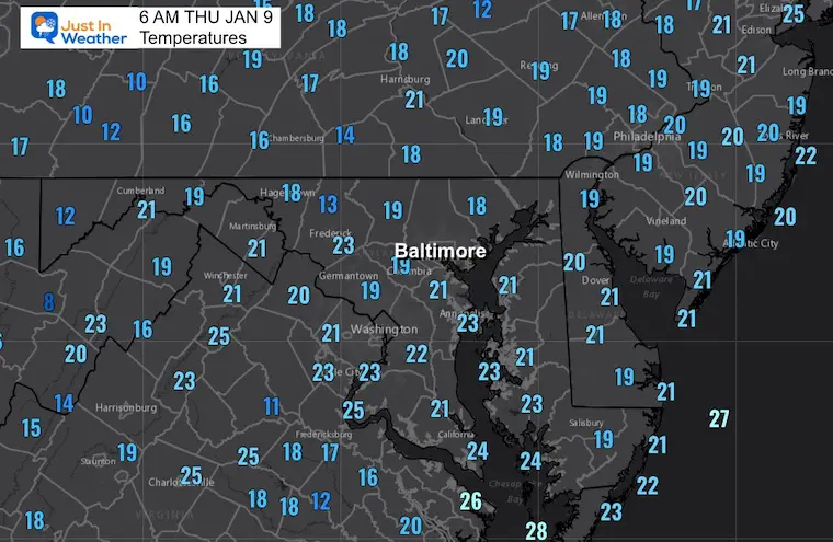 January 9 weather temperatures Thursday morning