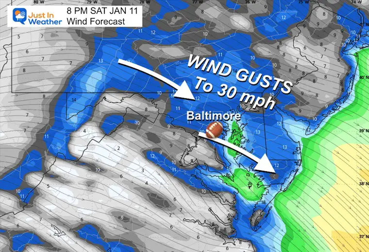 January 9 weather wind chill Saturday night Ravens game