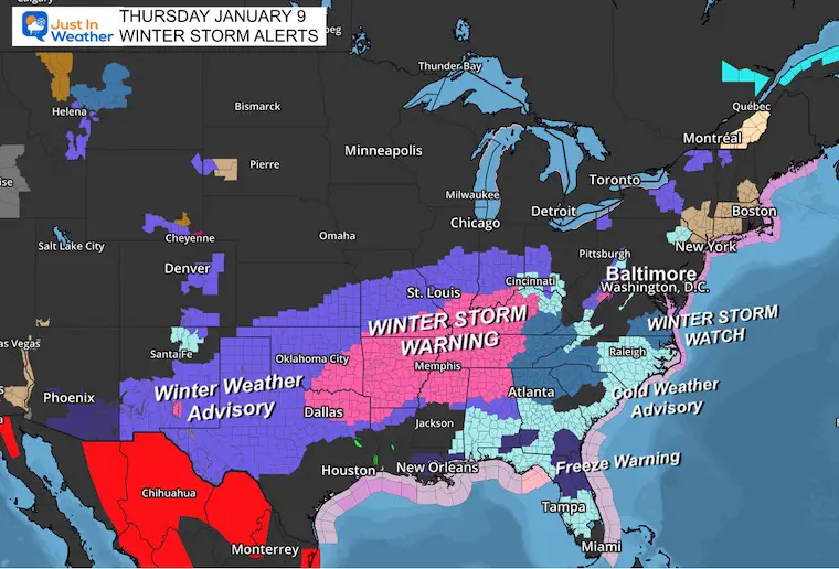 January 9 weather temperatures Thursday morning winter storm warnings