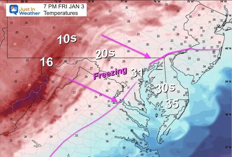 January 3 weather temperatures Friday evening