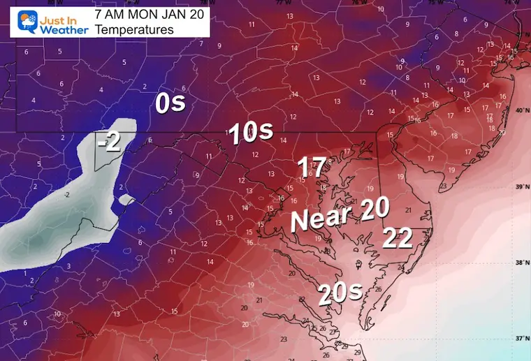 January 18 weather temperatures Monday morning