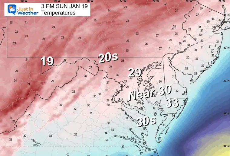 January 18 weather temperatures Sunday afternoon