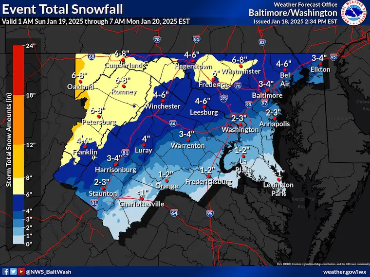 January 18 weather snow total Sunday NWS