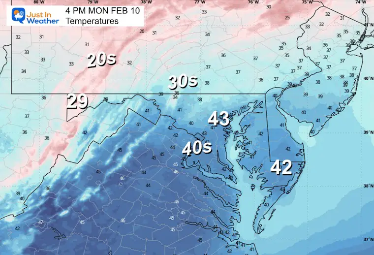 February 10 weather temperatures Monday afternoon