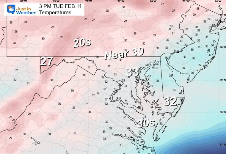 February 10 weather temperatures Tuesday afternoon