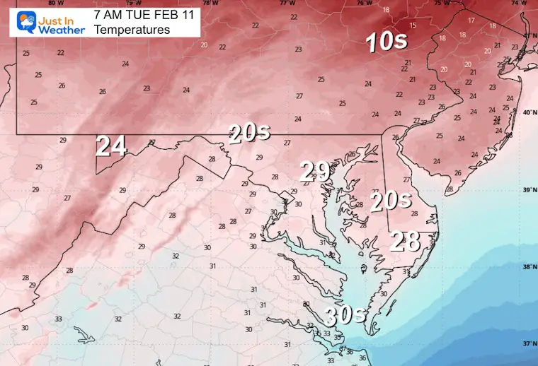 February 10 weather temperatures Tuesday morning