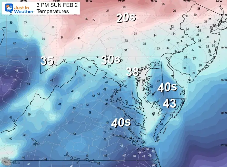February 1 weather forecast temperatures Sunday afternoon