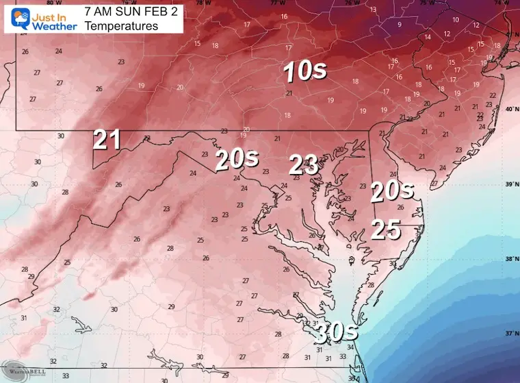 February 1 weather forecast temperatures Sunday morning
