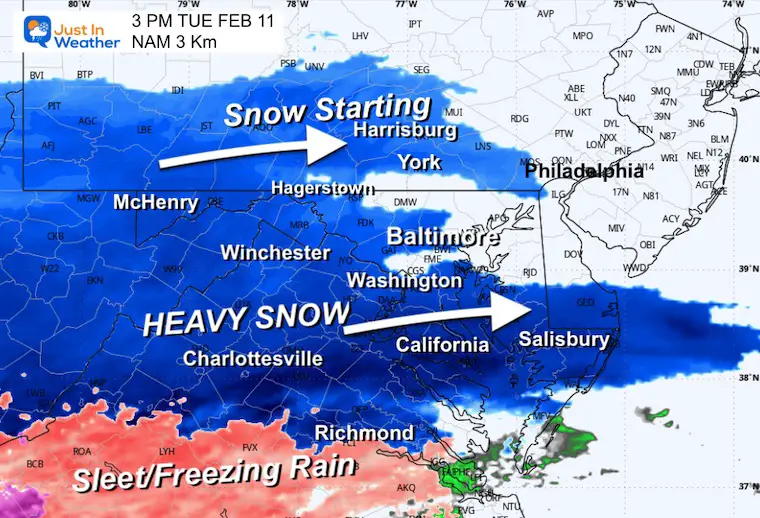 February 10 weather radar simulation Tuesday afternoon