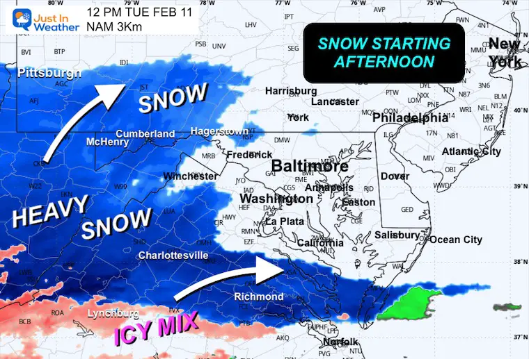 February 10 snow radar forecast Tuesday noon