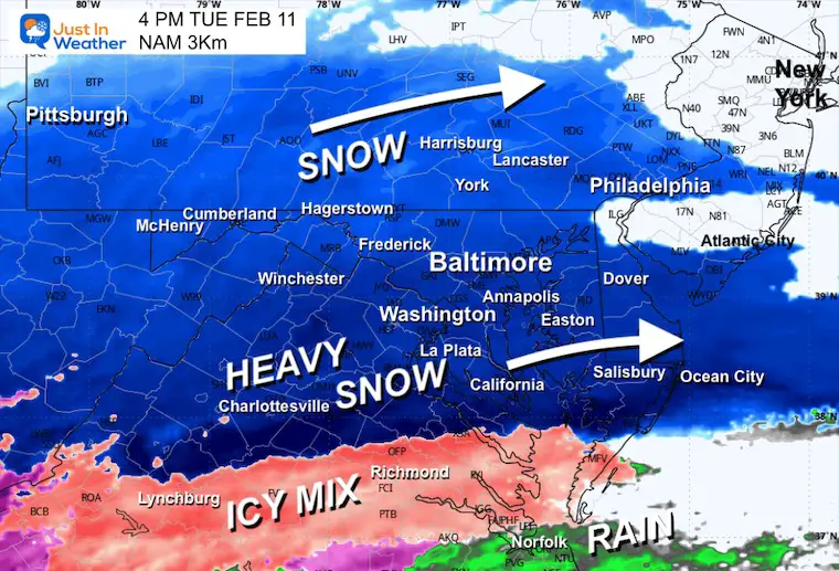 February 10 snow radar forecast Tuesday 4 PM