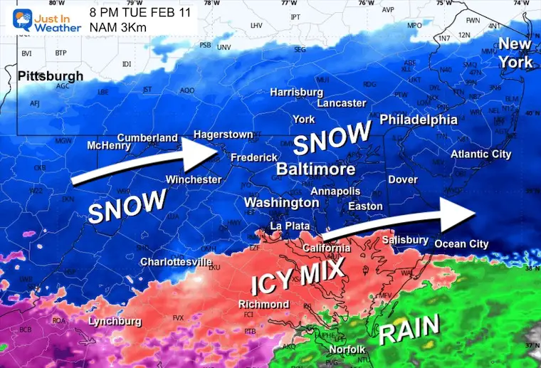 February 10 snow radar forecast Tuesday 8 PM