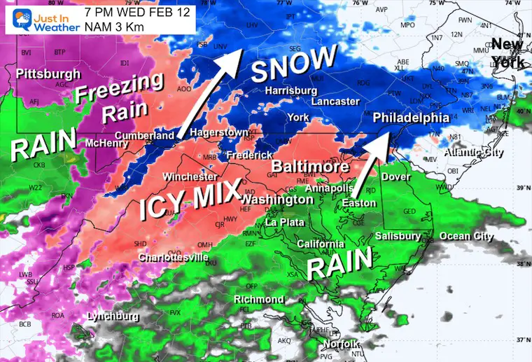 February 10 snow sleet rain Wednesday evening