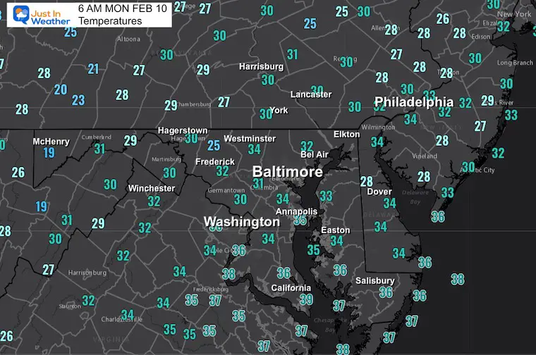 February 10 weather temperatures Monday morning 