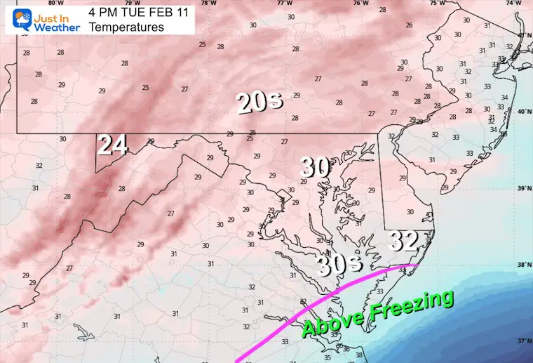 February 10 temperatures forecast Tuesday 4 PM