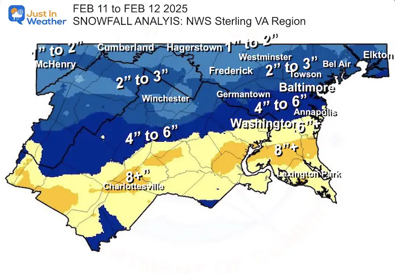 February 11 snow spotter reports NWS Baltimore Washington