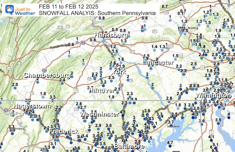 February 11 snow spotter reports Southern Pennsylvania