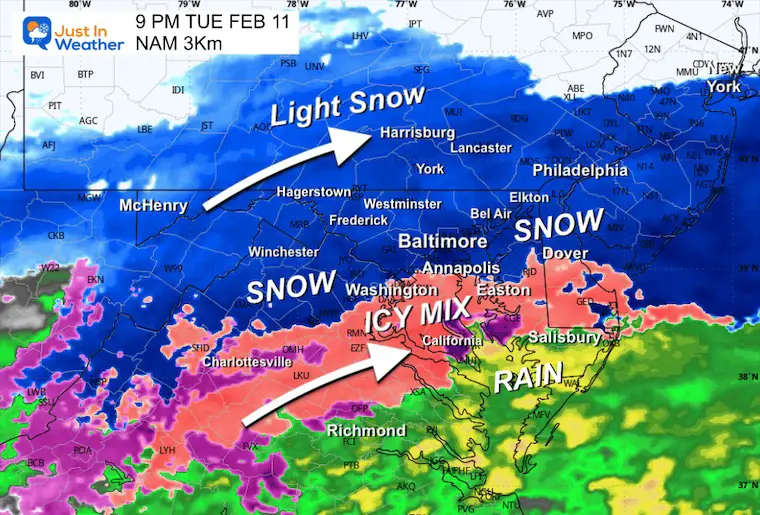 February 11 weather snow ice radar forecast Tuesday 9 PM