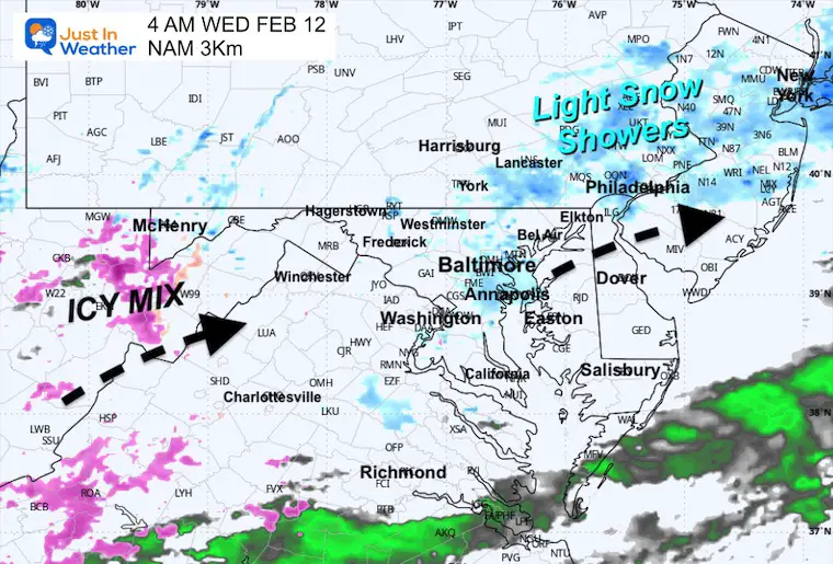 February 11 weather snow ice radar forecast Wednesday 4 AM