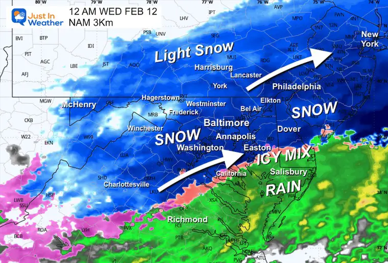 February 11 weather snow ice radar forecast midnight Wednesday