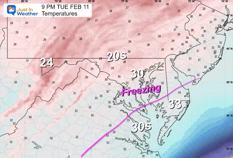 February 11 weather temperature forecast Tuesday 9 PM