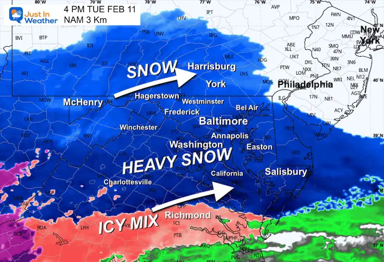 February 11 weather forecast snow radar Tuesday afternoon