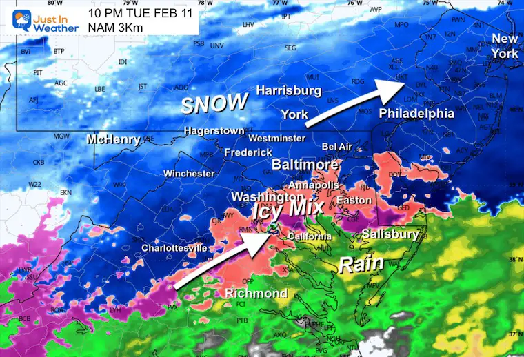 February 11 weather forecast snow radar Tuesday night