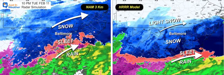 February 11 snow model comparison Tuesday 10 PM