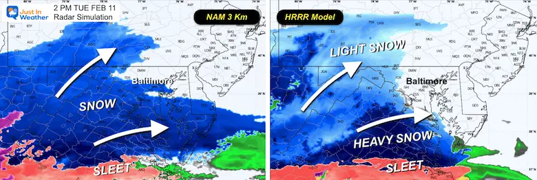 February 11 snow model comparison Tuesday 2 PM