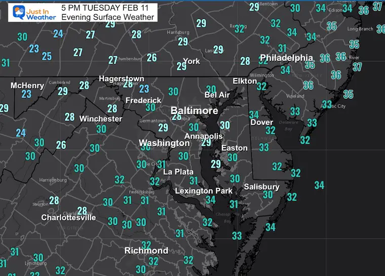 February 11 weatehr temperatures Tuesday 5 PM