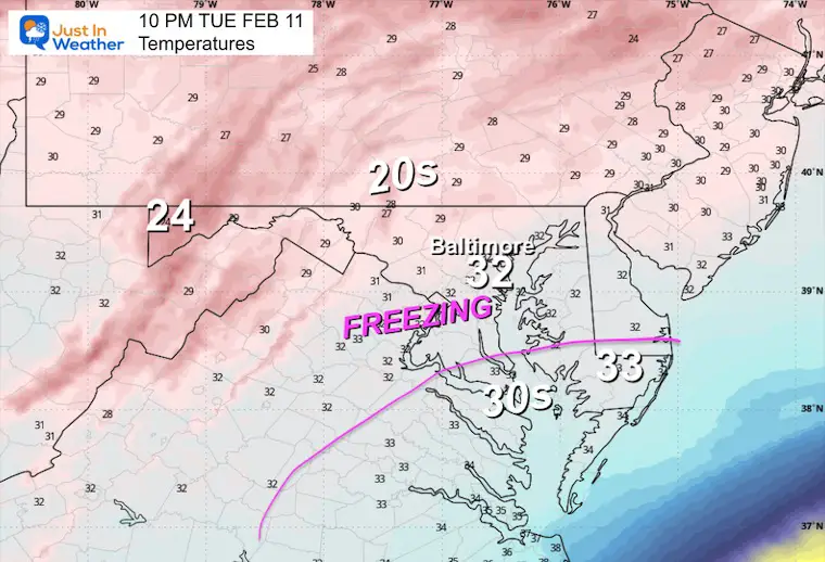 February 11 weather forecast temperatures Tuesday night