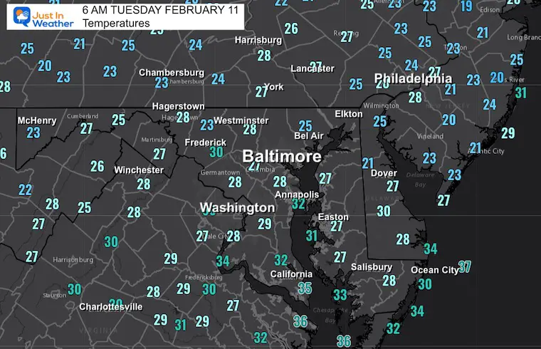 February 11 Weather temperatures Tuesday morning