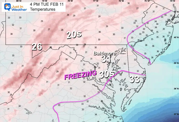 February 11 weather forecast temperatures Tuesday afternoon