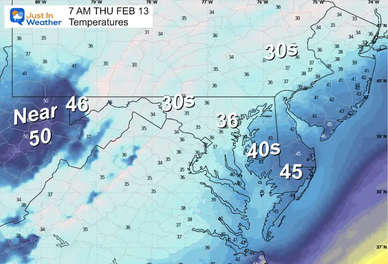 February 12 weather temperatures Thursday Morning