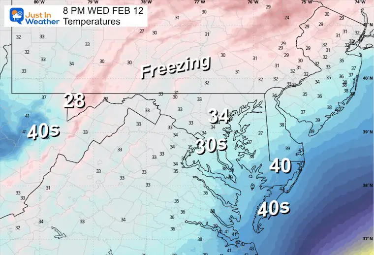 February 12 weather temperatures Wednesday night