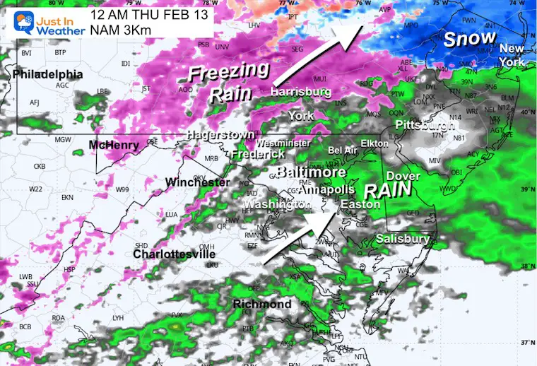 February 12 weather snow ice rain midnight Thursday