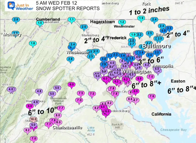 February 12 weather snow spotter reports Wednesday early morning