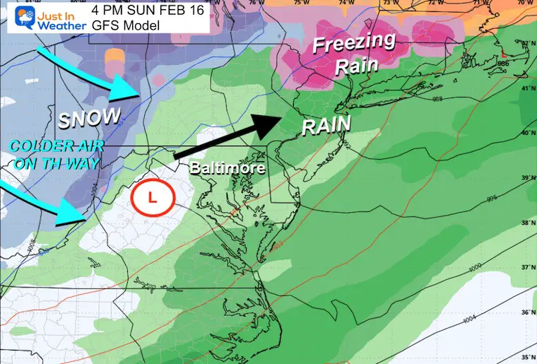 February 13 weather storm snow rain Sunday afternoon