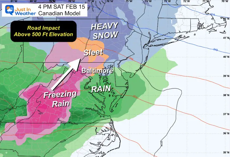 February 13 weather snow ice Saturday 4 PM Canadian