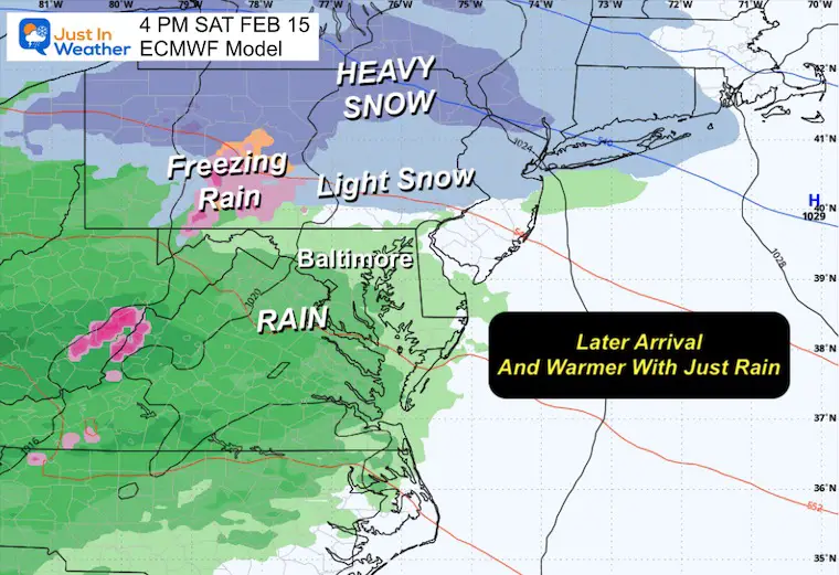 February 13 weather snow ice Saturday 4 PM ECMWF