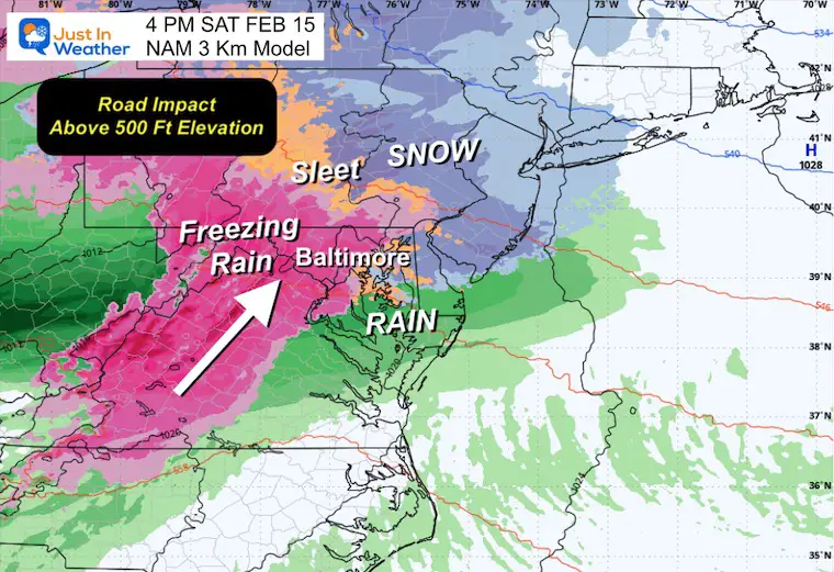 February 13 weather snow ice Saturday 4 PM NAM