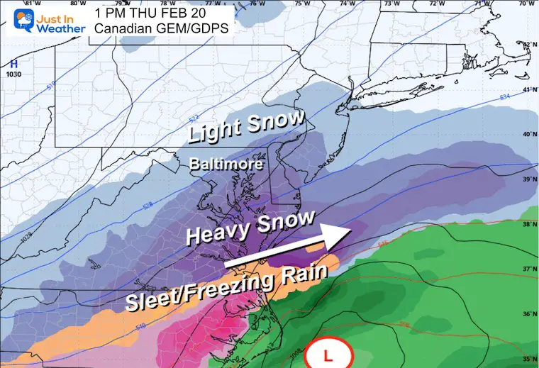 February 13 weather winter snow storm Thursday Canadian