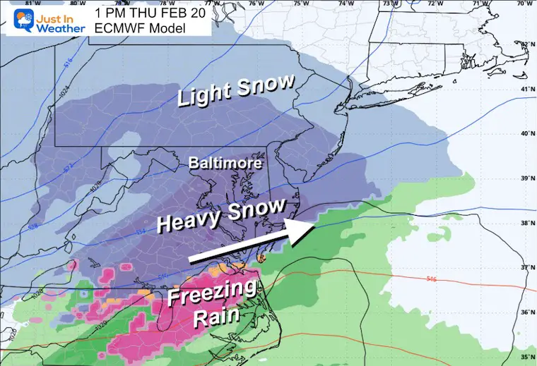 February 13 weather winter snow storm Thursday ECMWF