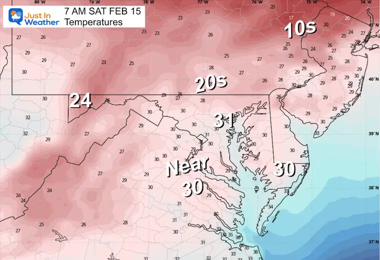 February 13 weather temperatures Saturday morning