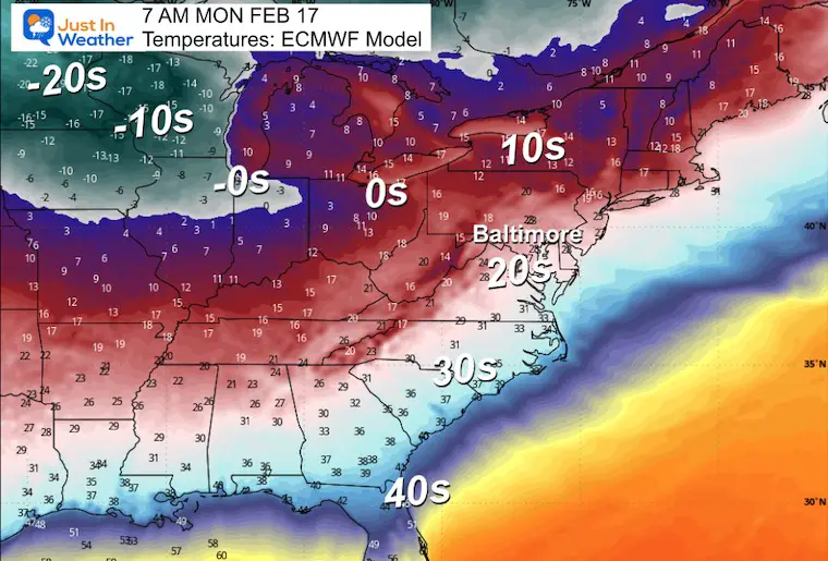 February 13 weather temperatures Monday morning